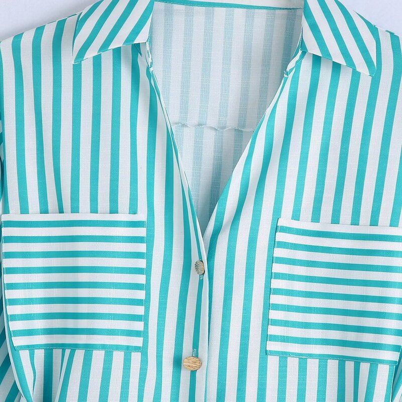 Fashion Style Women's Clothing 2024 Summer New Arrival Long Sleeves Waist-Controlled Lace-up Stripes Shirt Style Dress Mid Length Long Length