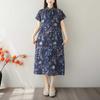 Women Floral Print Linen Blend Midi Dress Lapel Short Sleeve Loose A Line Casual Summer Dress