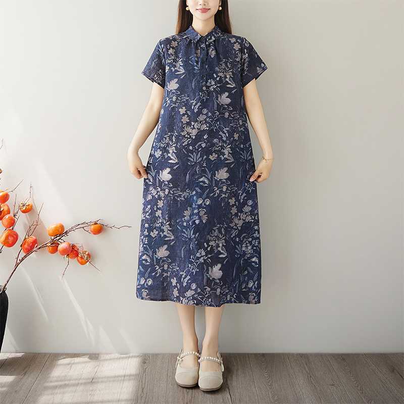 Women Floral Print Linen Blend Midi Dress Lapel Short Sleeve Loose A Line Casual Summer Dress