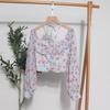 Spring Casual French Floral Blouse Women Elegant Vacation Bohemian Ruched Tops Slim Elastic Print Shirts
