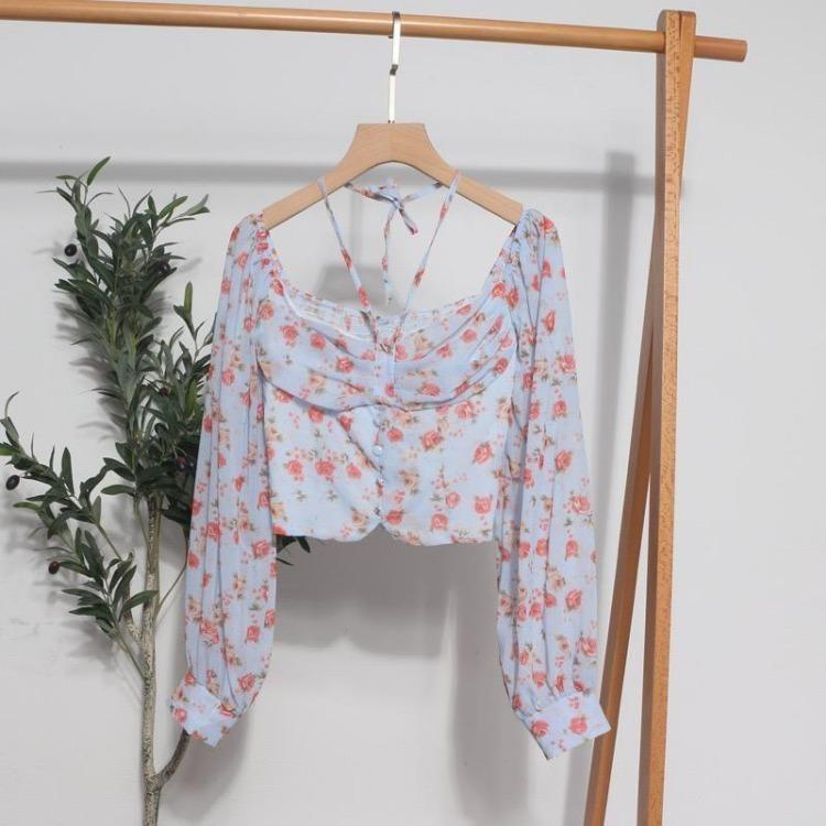 Spring Casual French Floral Blouse Women Elegant Vacation Bohemian Ruched Tops Slim Elastic Print Shirts