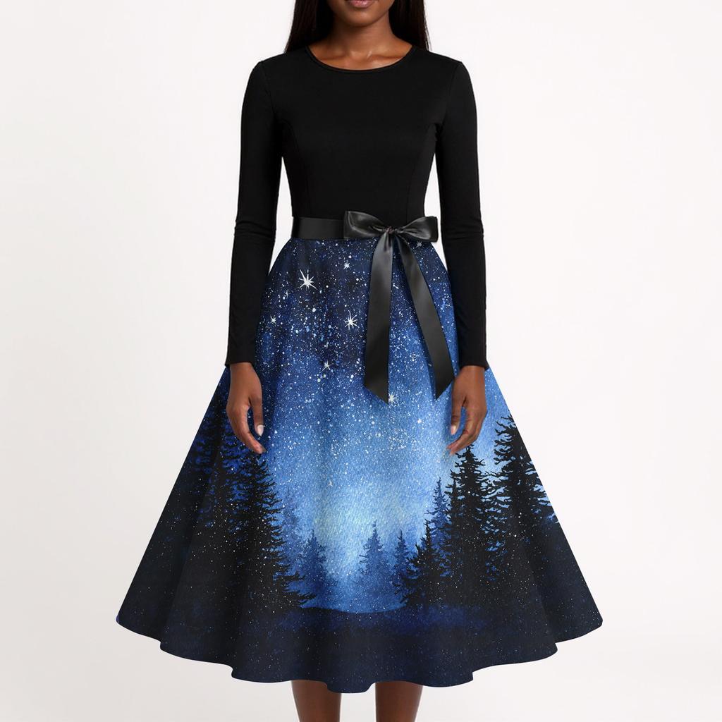 Women's Fashion Casual Round Neck Christmas Print Long Sleeve Dress