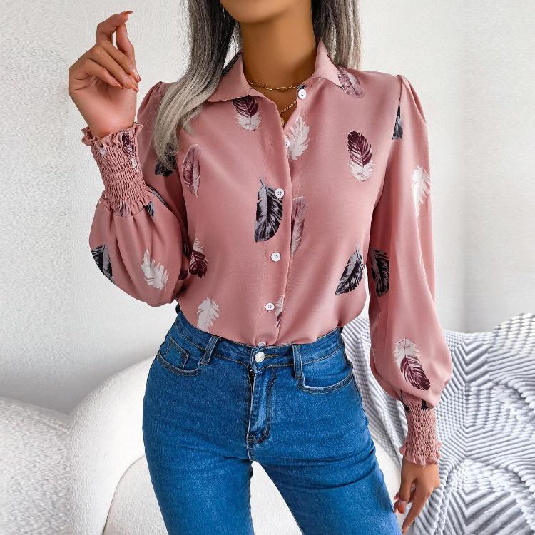 Ladies Fashion Women Polo Shirt Single Breasted Feather Lantern Sleeve Tops Spring Summer Temperament
