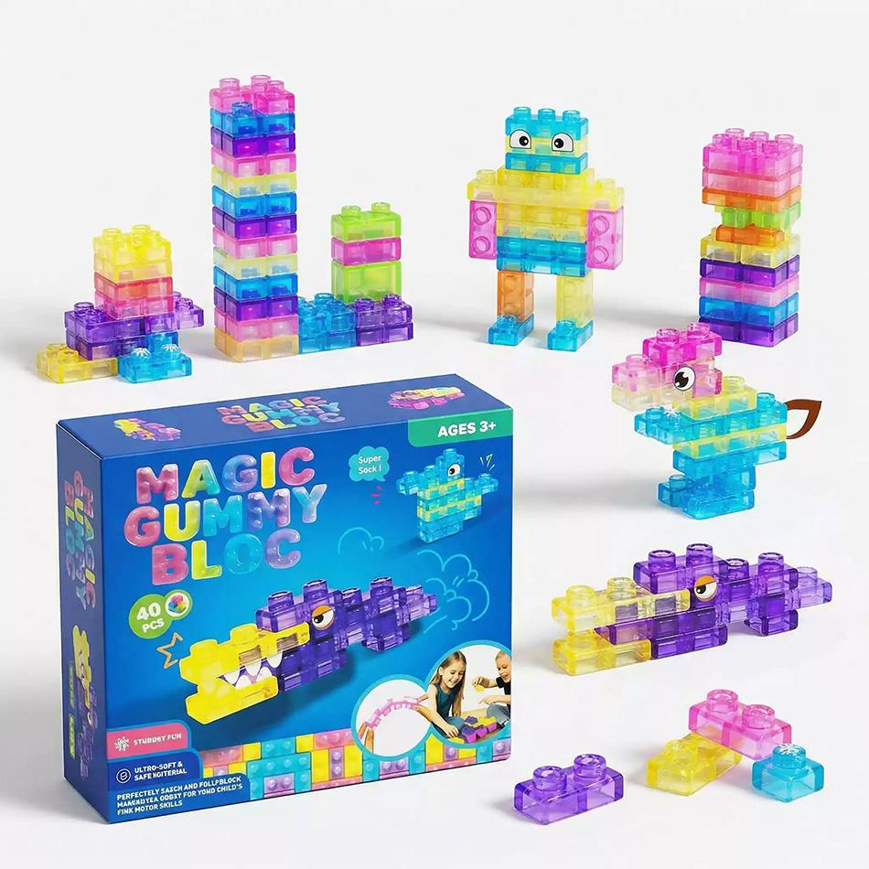 New Transparent Crystal Soft Gummy Jelly Building Blocks Squishy Stretchy Toy For Kids Creative Tabletop Games Collectible Toy