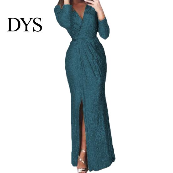 A-Linie Silhouette Cocktailkleid Damen Abend Deep V-Ausschnitt Pailletten-Dekor Lange Ärmel Elastische Taille Plissiert Hohe Absätze Kombinieren Geschlitzter Saum Uni