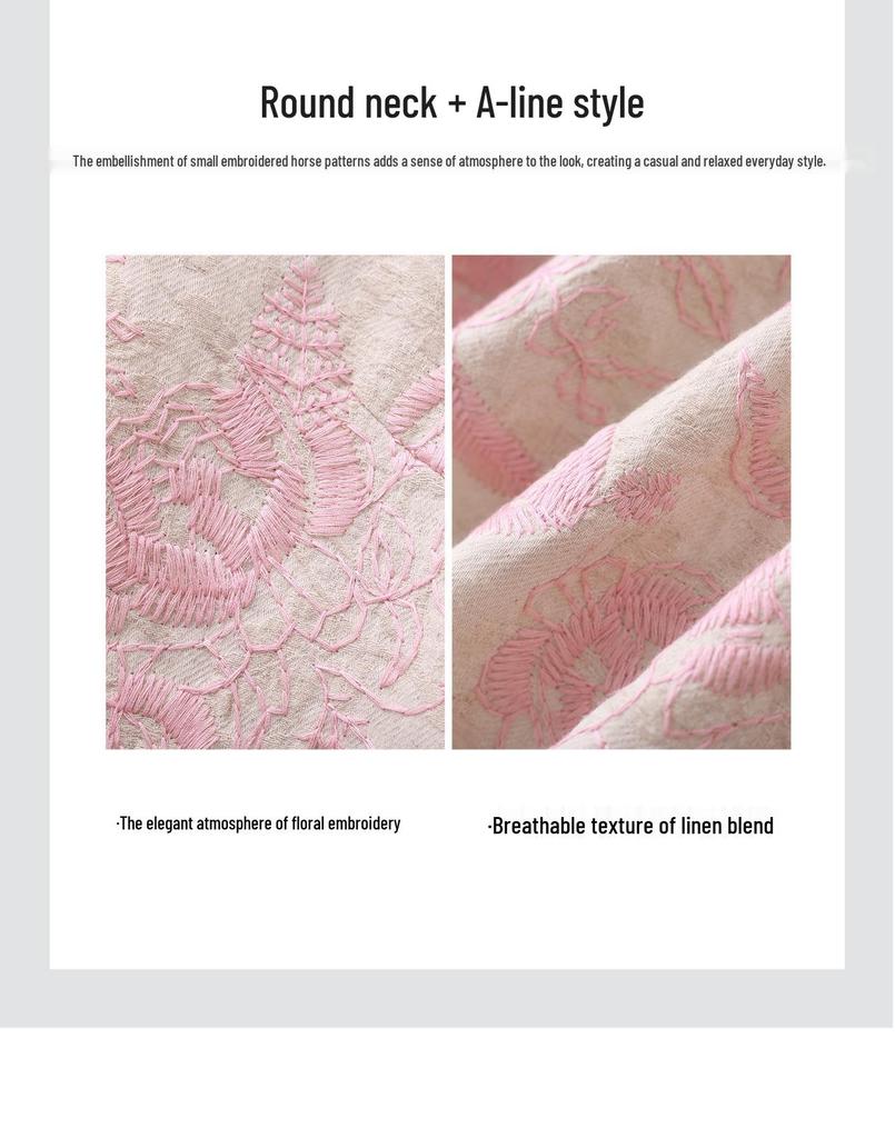 Nanyou Elegant Embroidered Jacquard Linen A-line Dress with Waist-cinching Short Sleeves for Spring/Summer Style