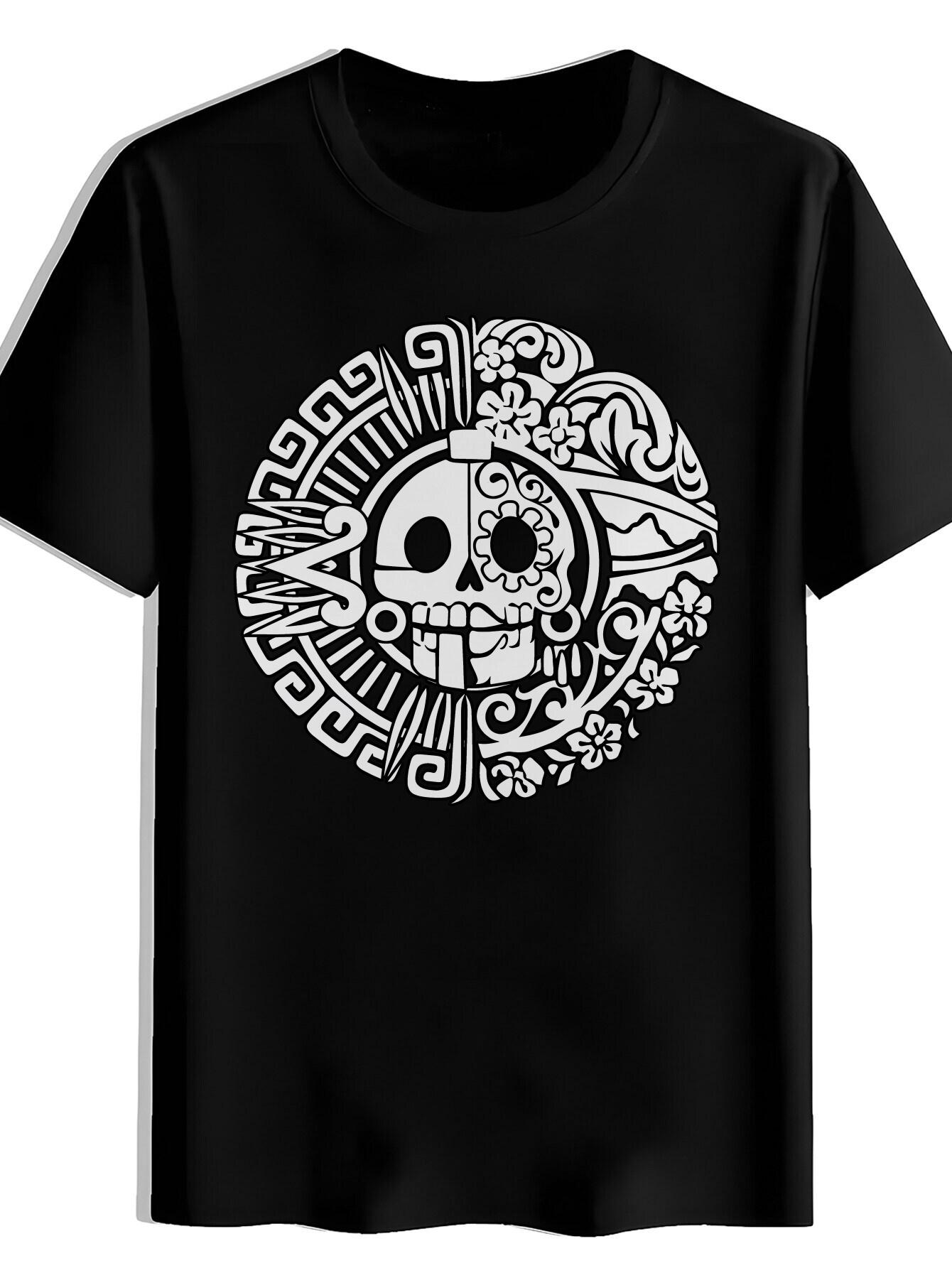Black T-shirt with Intricate Skull & Floral Design - Mexican-Inspired Casual Crew Neck S