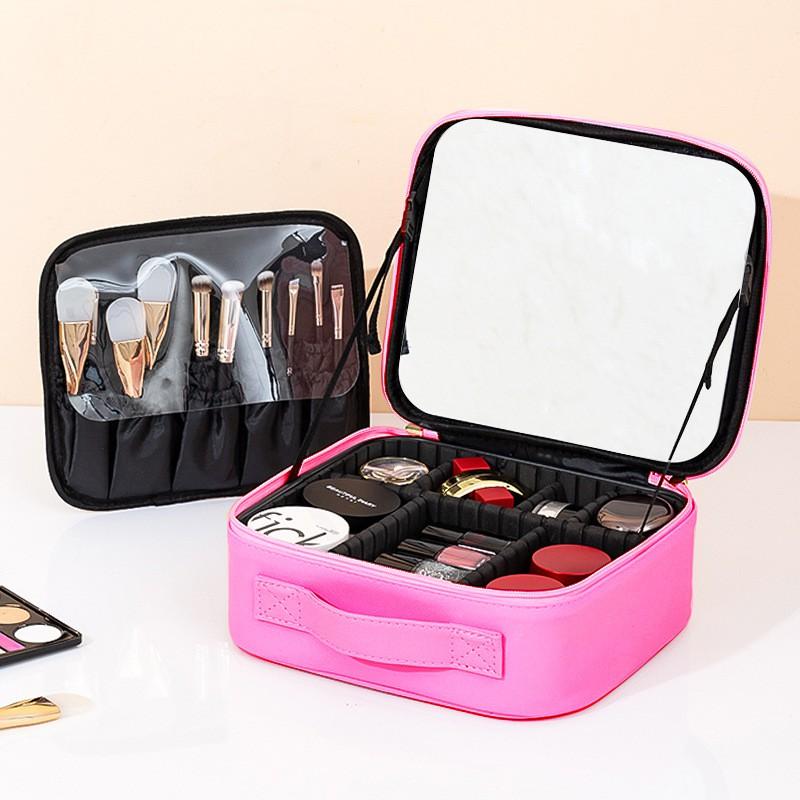 Large Capacity Travel Makeup Bag With LED Lighted Mirror Women PU Cosmetic Organizer Multi-Compartment Storage