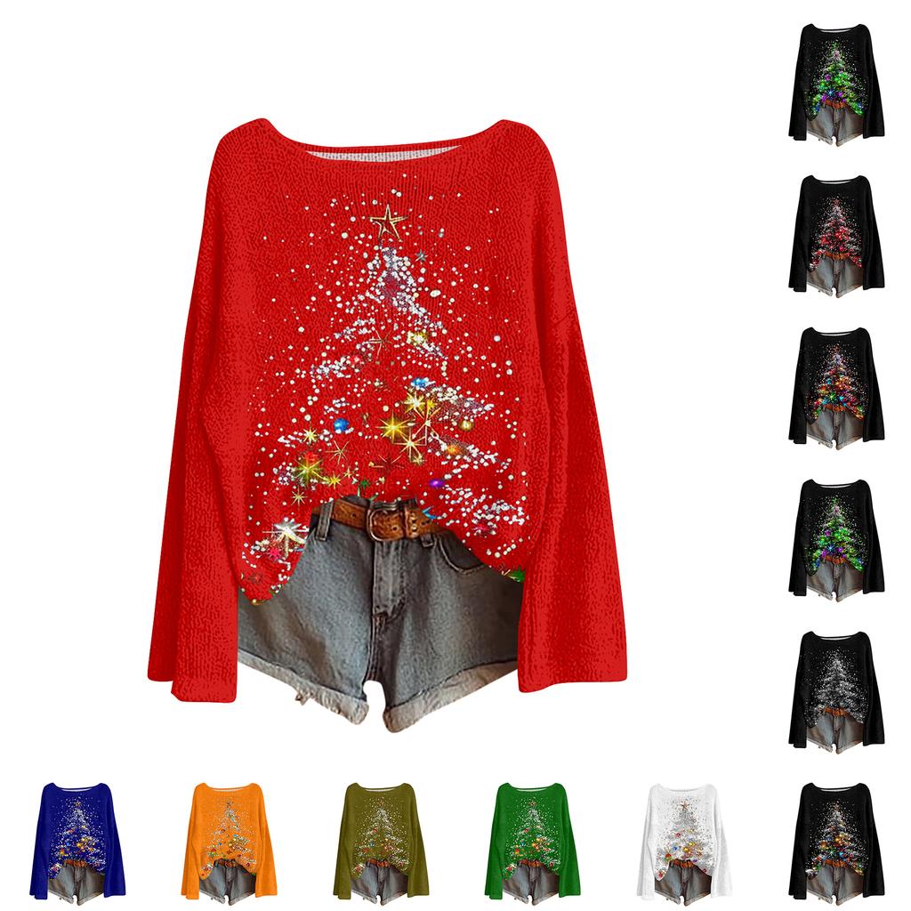 Women's Casual Fashion Round Neck Top Christmas Print Long Sleeve Knit Pullover