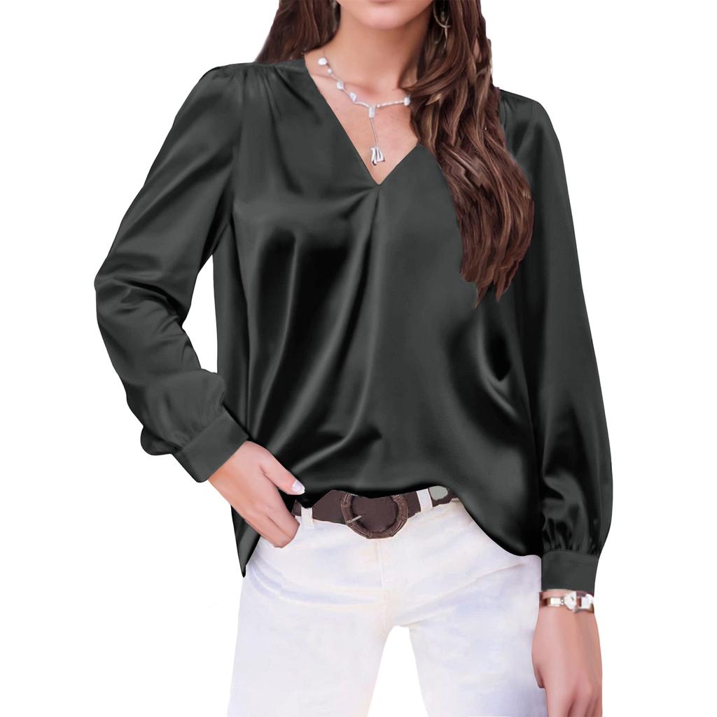 Women's V,Neck Casual Loose Satin Ruched Long Sleeve Work Blouse