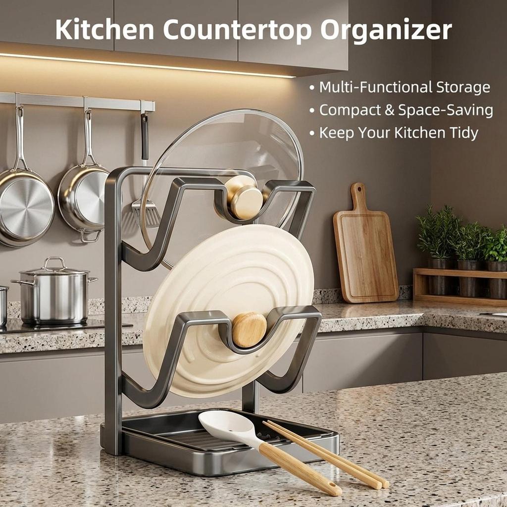Kitchen Lid Holder, Utensil Rack, Storage Basket, Carbon Steel with Anti-Slip Function, Practical,