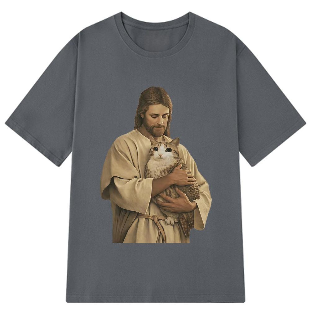 Funny Jesus Holding Meowl Funny Cat Meme T Shirt Unisex Unisex Harajuku Vintage Tshirt Shortsleeved Loose Cotton Hiphop Tshirts