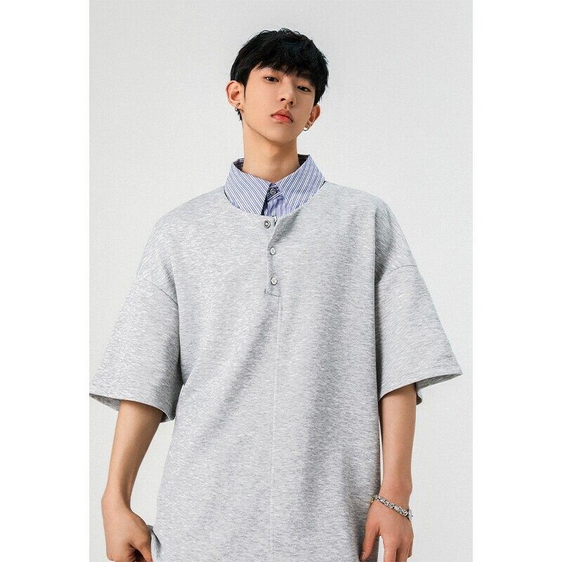 Dongjie Nologo Summer Two-Piece Patchwork Striped Lapel Short-Sleeve T-Shirt for Men, Bai Jingting's Goodbai Top