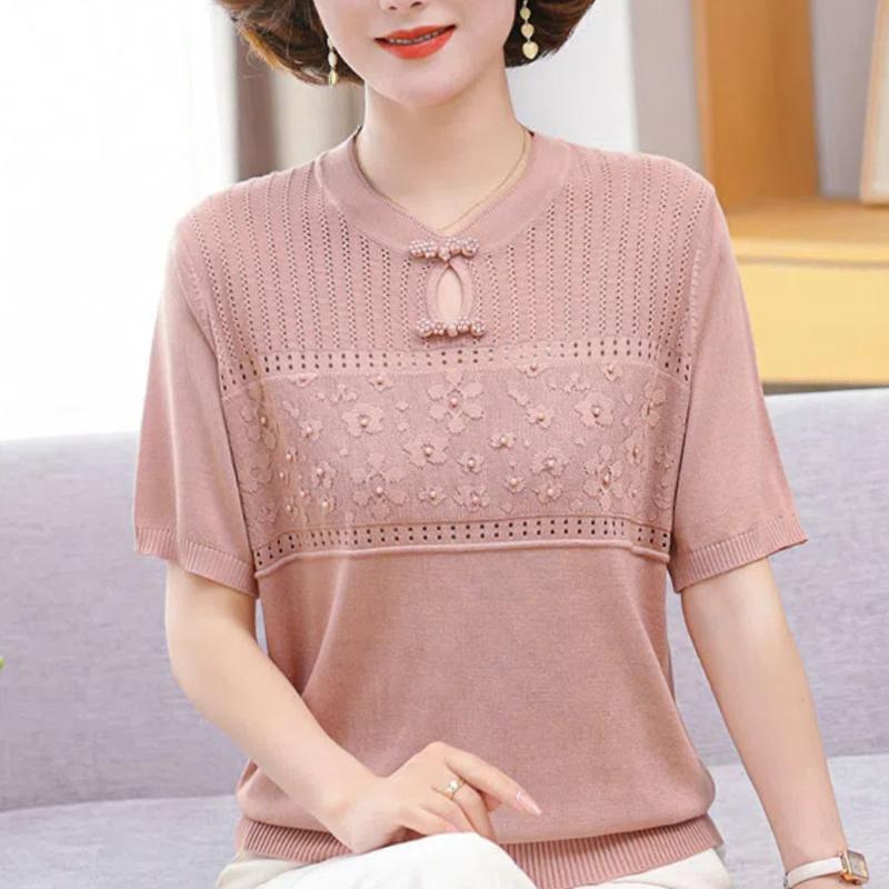 

Chinese Style Temperament Summer Women Solid O-Neck Button Hollow Out Embroidered Flares Fashion Short SleeveT-Shirts Knit Tops XL рожевий