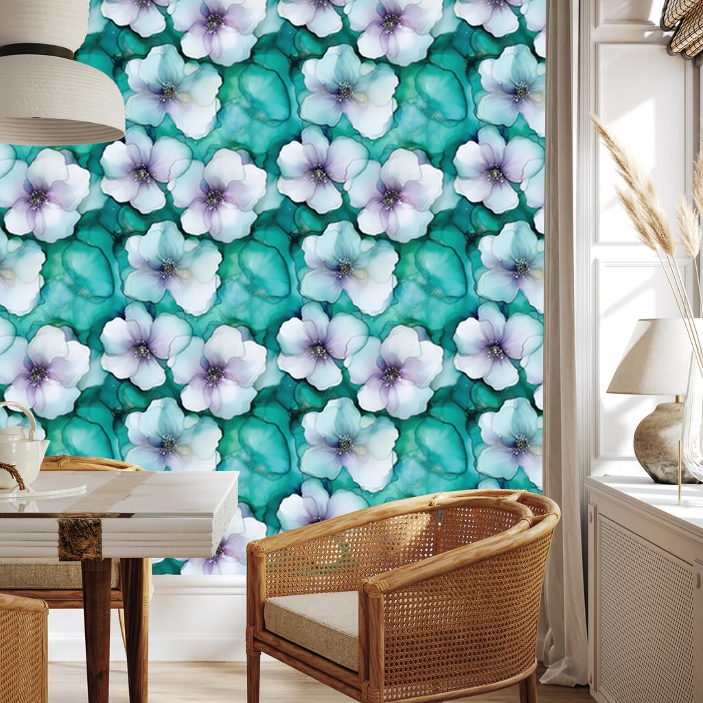 Wallpaper Ink Turquoise, Sea, Blue and White 50x1000