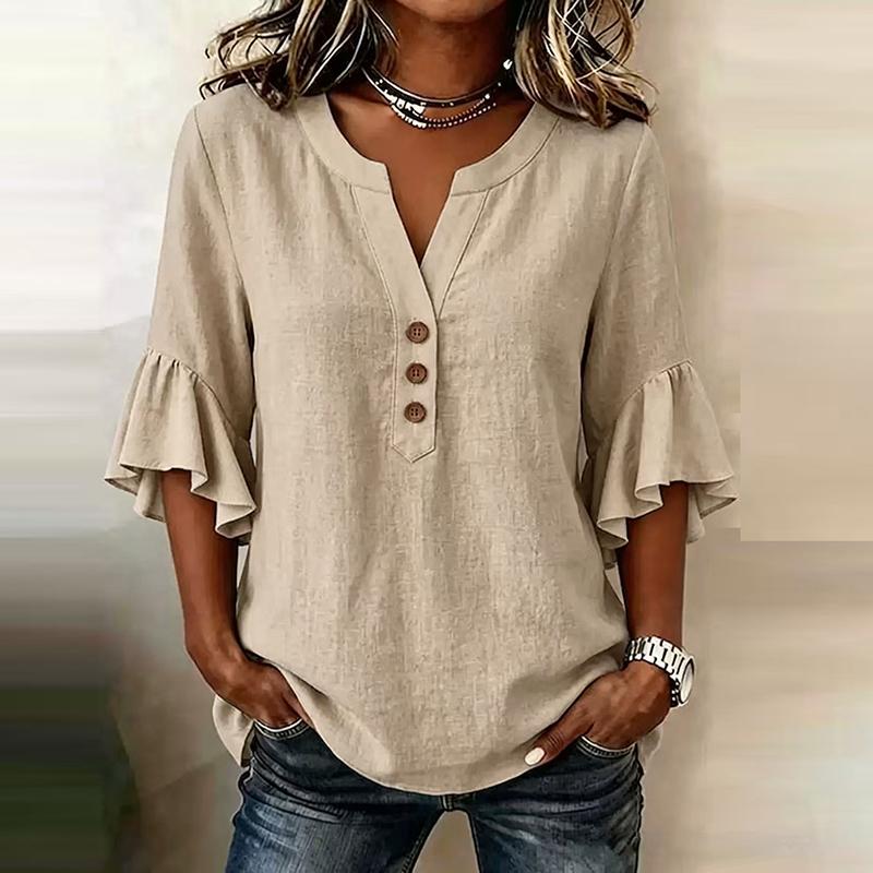 Summer V Neck Women T-Shirts 3/4 Sleeve Button Shirt Blouse Women Casual Solid Color Loose Tops Female Oversized Shirts
