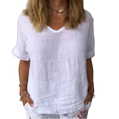Women Fashion V Collar Short Sleeve T-shirt Casual Cotton Linen Thin Top Ladies Pullover Solid-color Tee Shirt