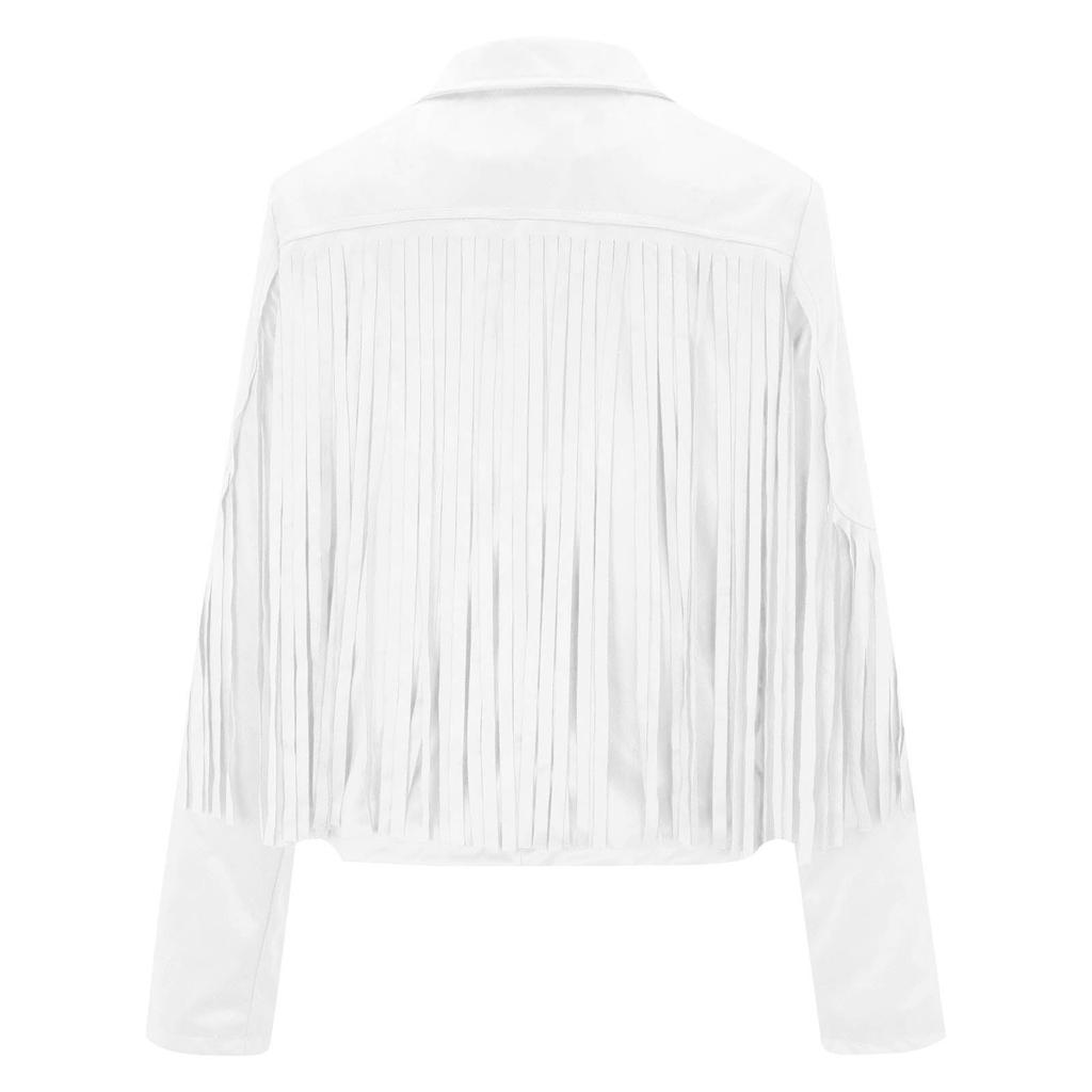 Women Faux Suede Leather Tassel Jackets - Vintage Lapel Open Front Cowboy  Long Sleeve Tassels Cardigan Coat Tops
