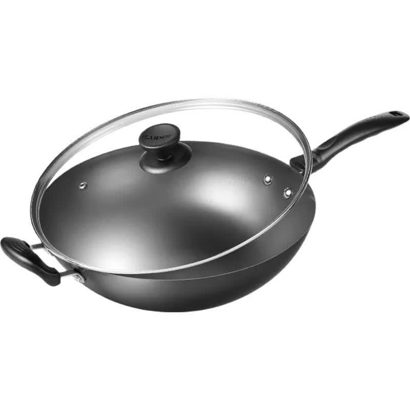 SUPOR Non-Coated Cast Iron Wok with Glass Lid