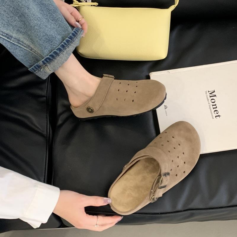Retro Mori Hollow Breathable Bag Head Half Slippers Female Summer Wear a Pedal Thick Sole Ugly Cute Leather Birkenstocks