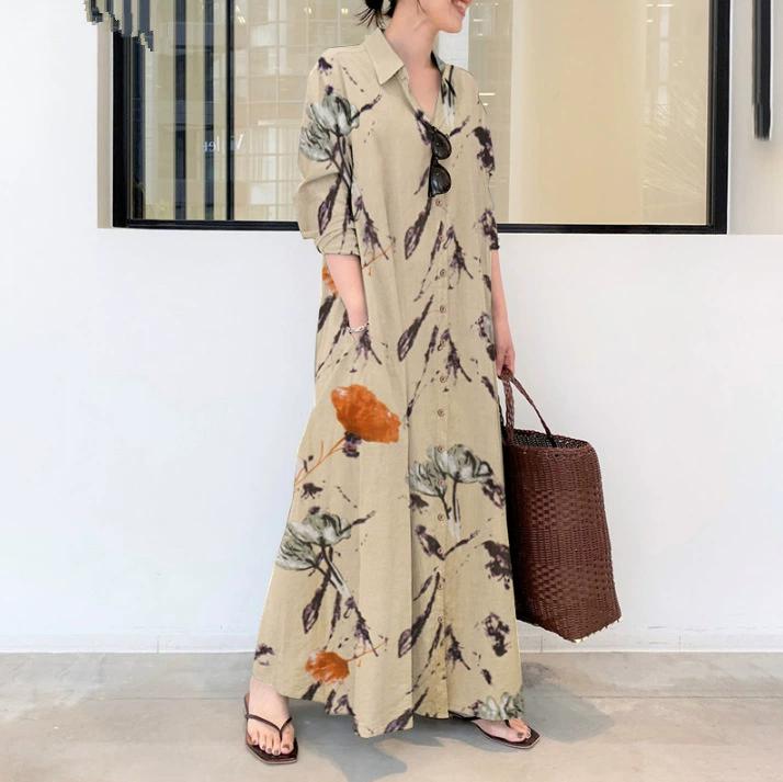 Women Plus Size Dress A-line Lapel Loose Floral Printing Shirt Type Short Sleeves Button-down with Side Pockets Ankle