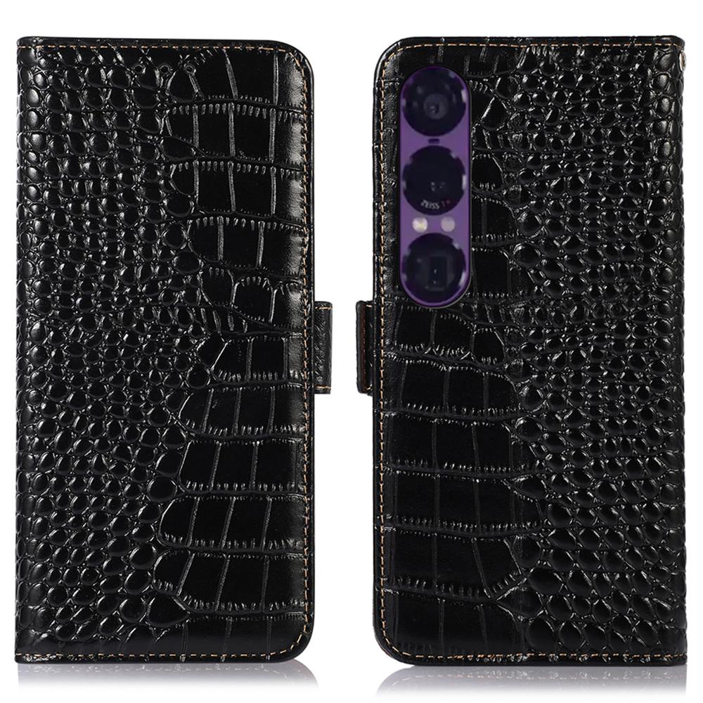 For Sony Xperia 1 VII Case Crocodile Texture Genuine Cow Leather Phone Wallet Cover