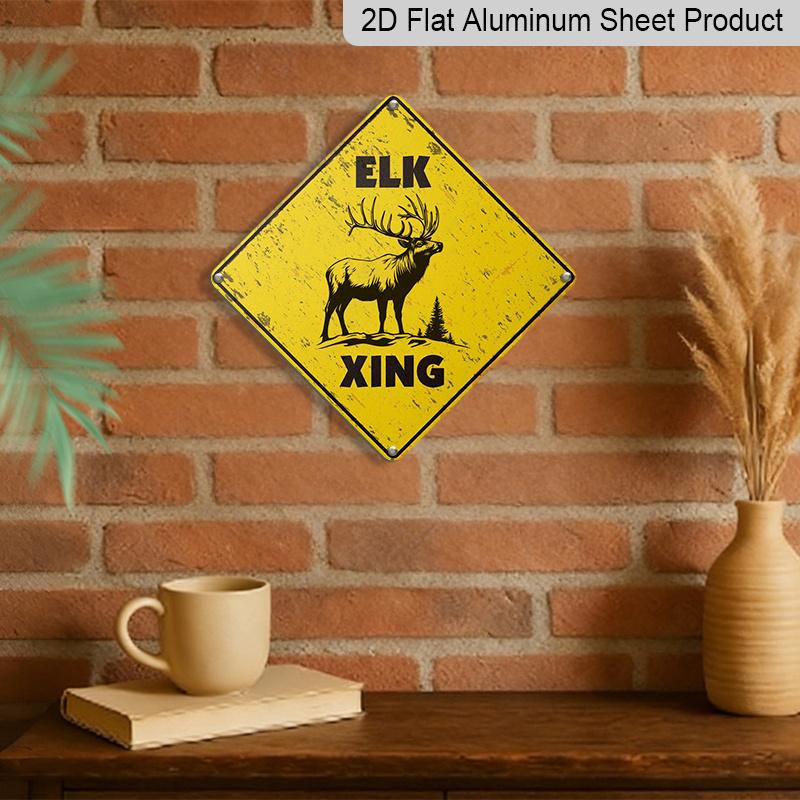 2D Flat 1pc, Vintage Elk Crossing Sign - Rustic Iron Metal Tin Wall Decor with Caution Yellow Finish & Elk Silhouette Design - Indoor/Outdoor Durable