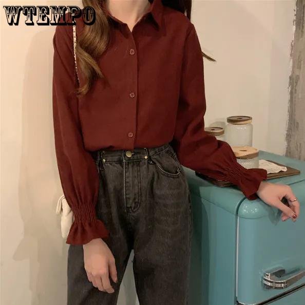 

WTEMPO Women s White Red Long Sleeve Loose Shirts In Spring Autumn Women s Turn-down Collar Casual Versatile Bluoses with Buttons S белый
