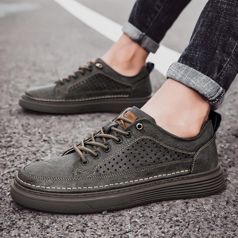 Nuevas Tendencias de Moda Casual para Hombre Zapatos de Cuero Suela Gruesa Zapatilla de Caña Baja Transpirable Suave Huella Exterior Antideslizante Zapatos Cómodos