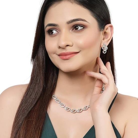 Rhodium-Plated with Silver-Toned White Cubic Zirconia American Diamond Studded Necklace and Drop Earrings Jewellery Set for Women