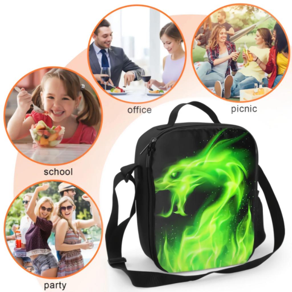 Fire Dragon Head Insulated Lunch Bag for School Office Picnic Green Fire Tote Lunch Box Containers for Kids Reusable Cooler Bag