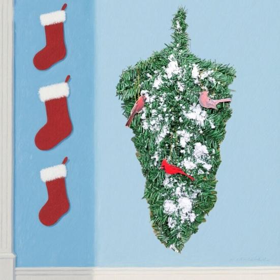Yousheng Artificial Christmas Teardrop Swag 20" Faux Pine Greenery Teardrop Wreath with Fake Snow And Red Birds Ornament for Xmas Door Fireplace Table