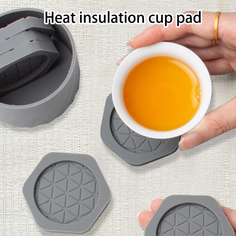 Reusable Heat Resistant Coaster Hexagonal Shape Antislip Design Drink Cup Mats Includes Compacts Holder For Kitchen Desk