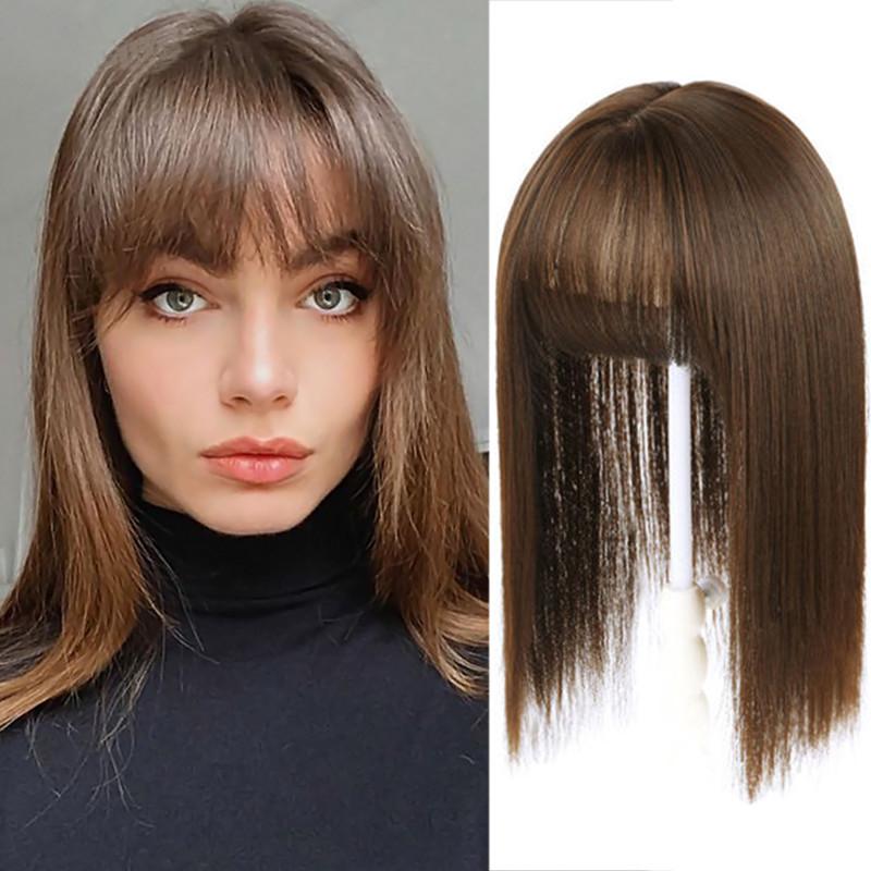 One Piece Lightweight Long Straight Hair Air Bangs Hair Covering Block for White Hair Replacement At the Top of the Head