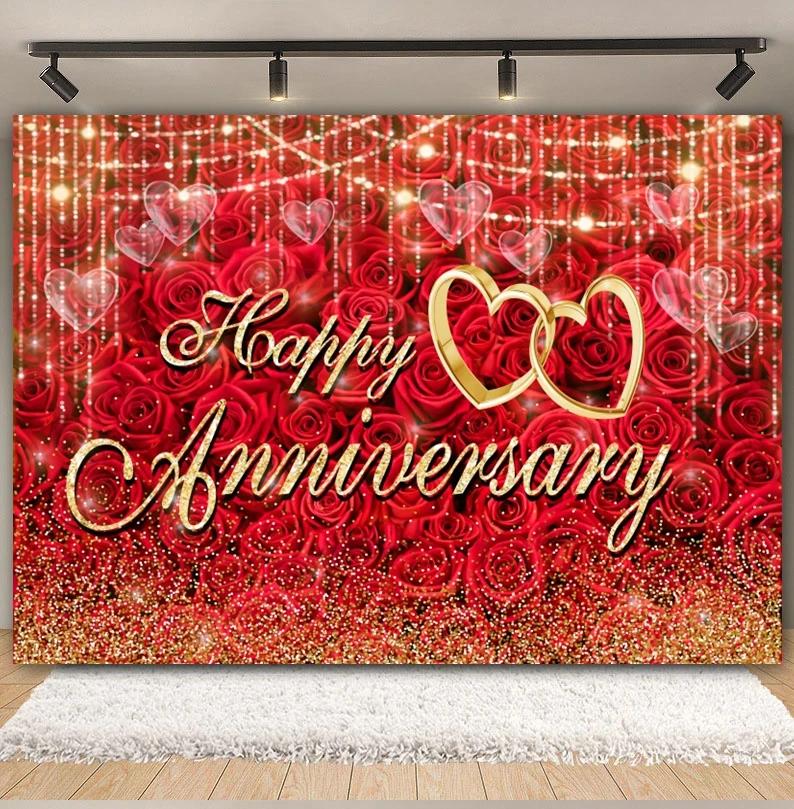 Happy Anniversary Backdrop Gold Balloon Glitter Love Heart Flower Birthday Party Bridal Shower Wedding Photography Background