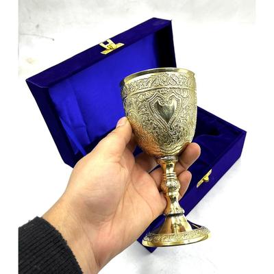 Brass Goblet Embossed Design,Premium Goblet Champagne Flutes Coupes Wine Drinking Glass,Tumbler Cups for Water with Velvet Box