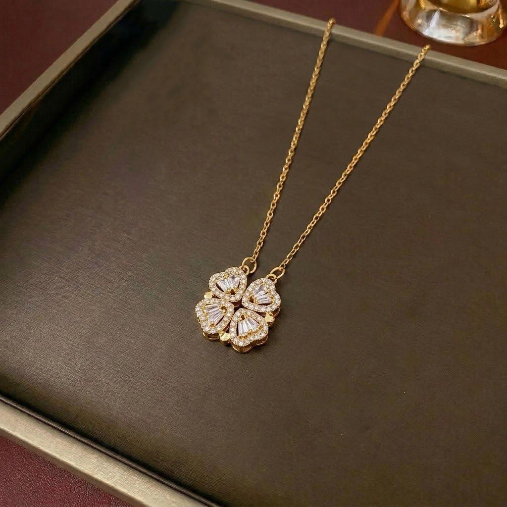 Women's Heart-Shaped Necklace with Four-Petal Flower, Cubic Zirconia, Titanium Steel Clavicle Chain - Elegant and Versatile Accessory