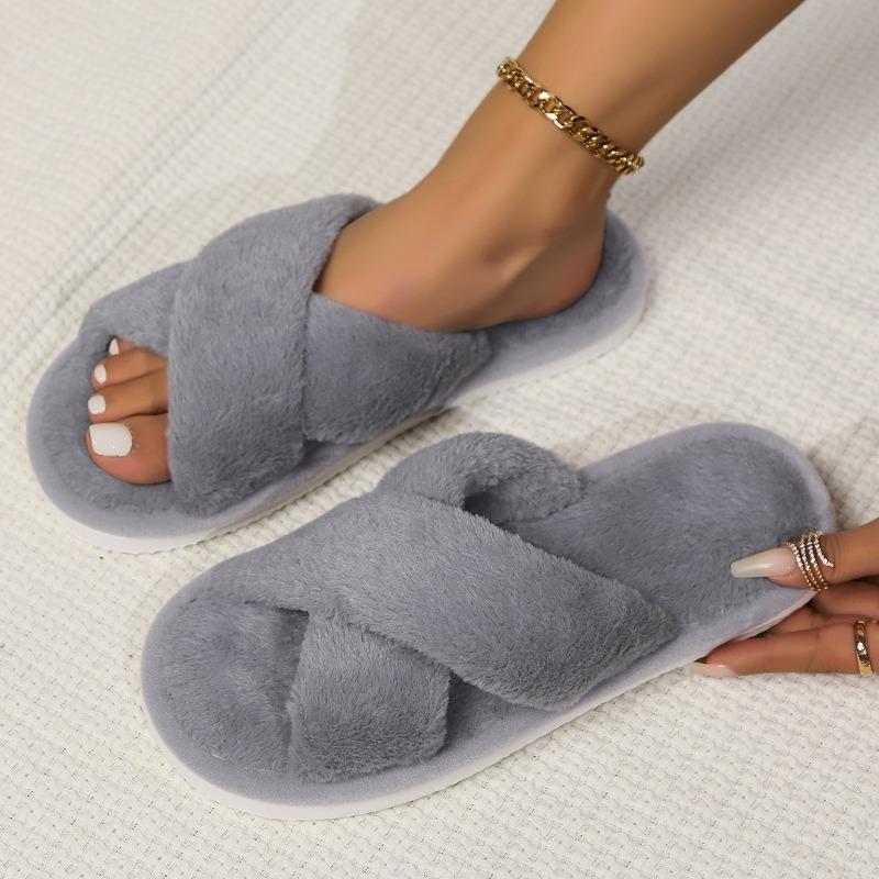 Slippers cross opening spring and autumn home non-slip flat bottom couple style fashionable simple open-toed fluffy slippers