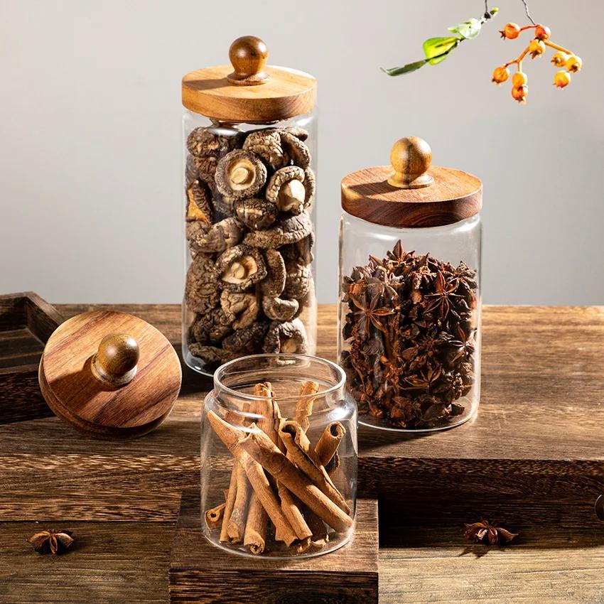 Glass Sealed Jar Spice Grains Large Dust-proof Storage Acacia Wood Cover Food Coffee Moisture-proof Storage