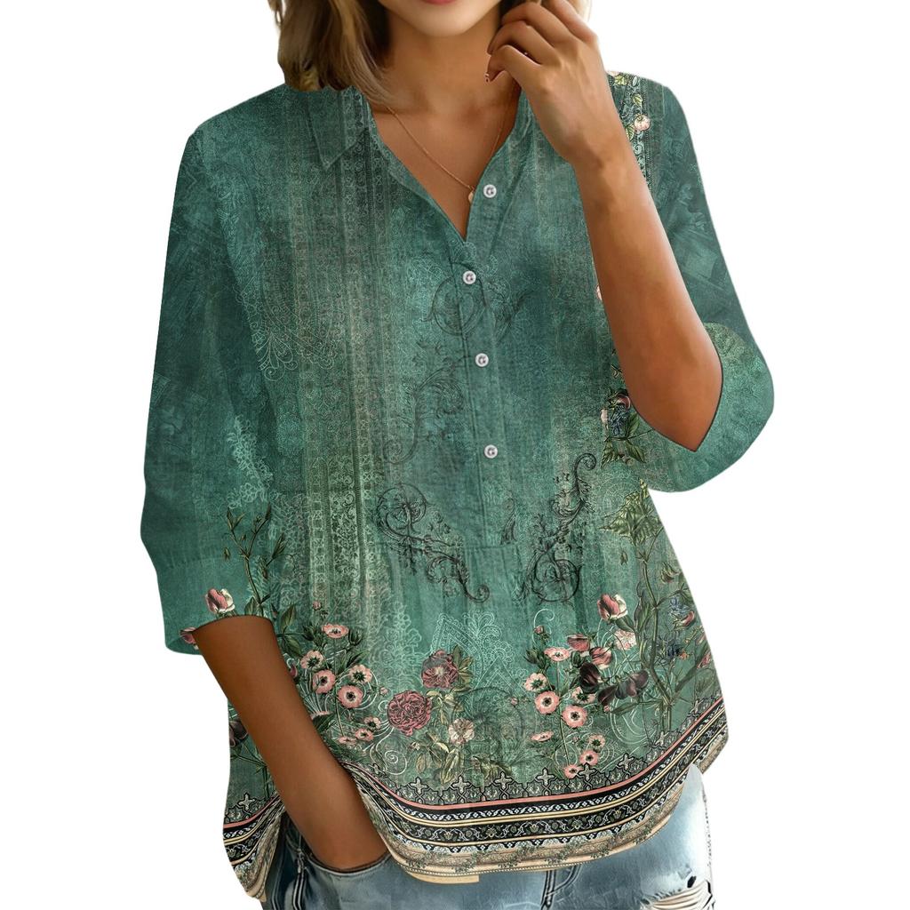 Women's Button Front Vintage Floral Print Shirt Top Three Quarter Sleeve Loose Fit Blouse with Lapel Collar Casual Wear