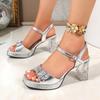 Fashion Sexy Gold Square Toe Sandals Women Metal Buckle Decoration Super High Heels Sandals Women Clear Heel Fashion Party Dress Shoes