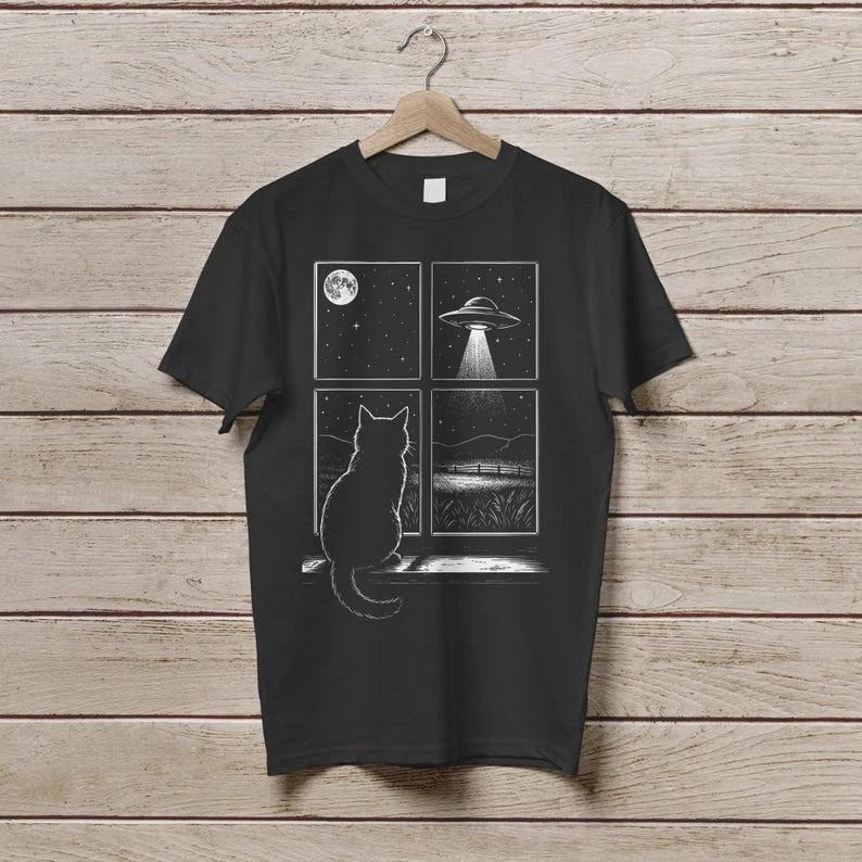 Vintage UFO Cat Shirt Funny Cat Abduction T-Shirt Cute Meme Kitty Tee XL