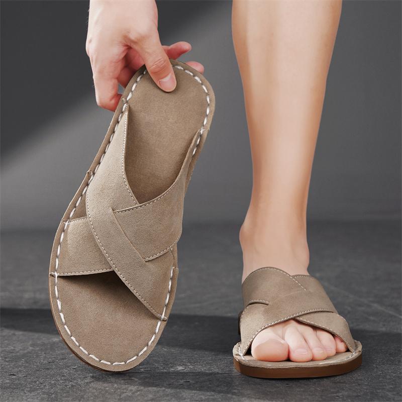Men Slippers Handmade Simple Flats Brown Suede Sandals Summer Open Toe Beige Beach Shoes Plus Size