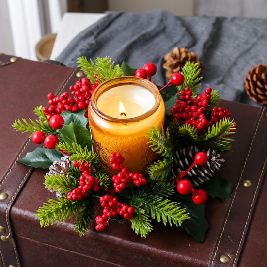 Christmas Candle Wreath Artificial Red Berries Pinecone Garland Festive Table Centerpiece Decoration for Christmas Party Home
