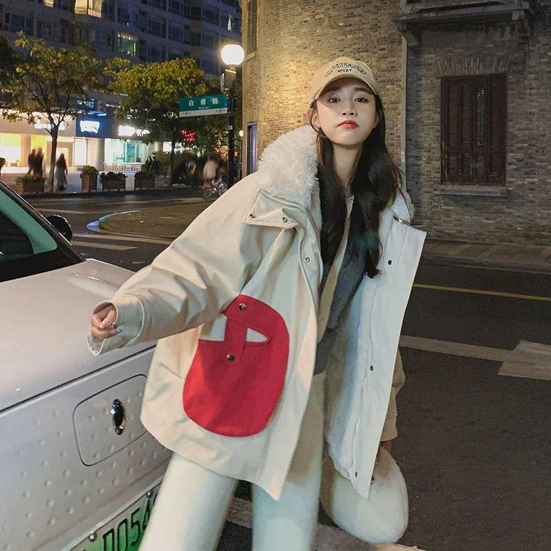 

Зимняя фиолетовая короткая парка для женщин, на флисовой подкладке, плотная хлопковая куртка в стиле рабочей одежды S бежевый