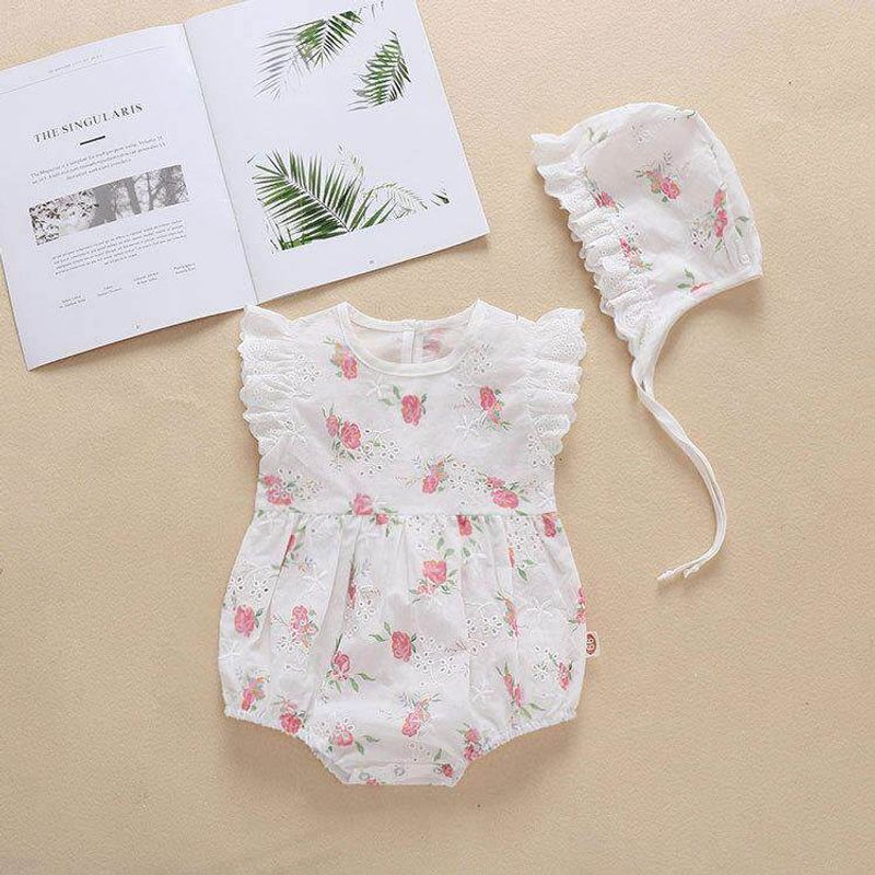 Ins Summer New Product for Girls, Floral Print Flutter-Sleeve Romper, Baby Cotton One-Piece Crawling Suit, Infant Children's Outdoor Clothing