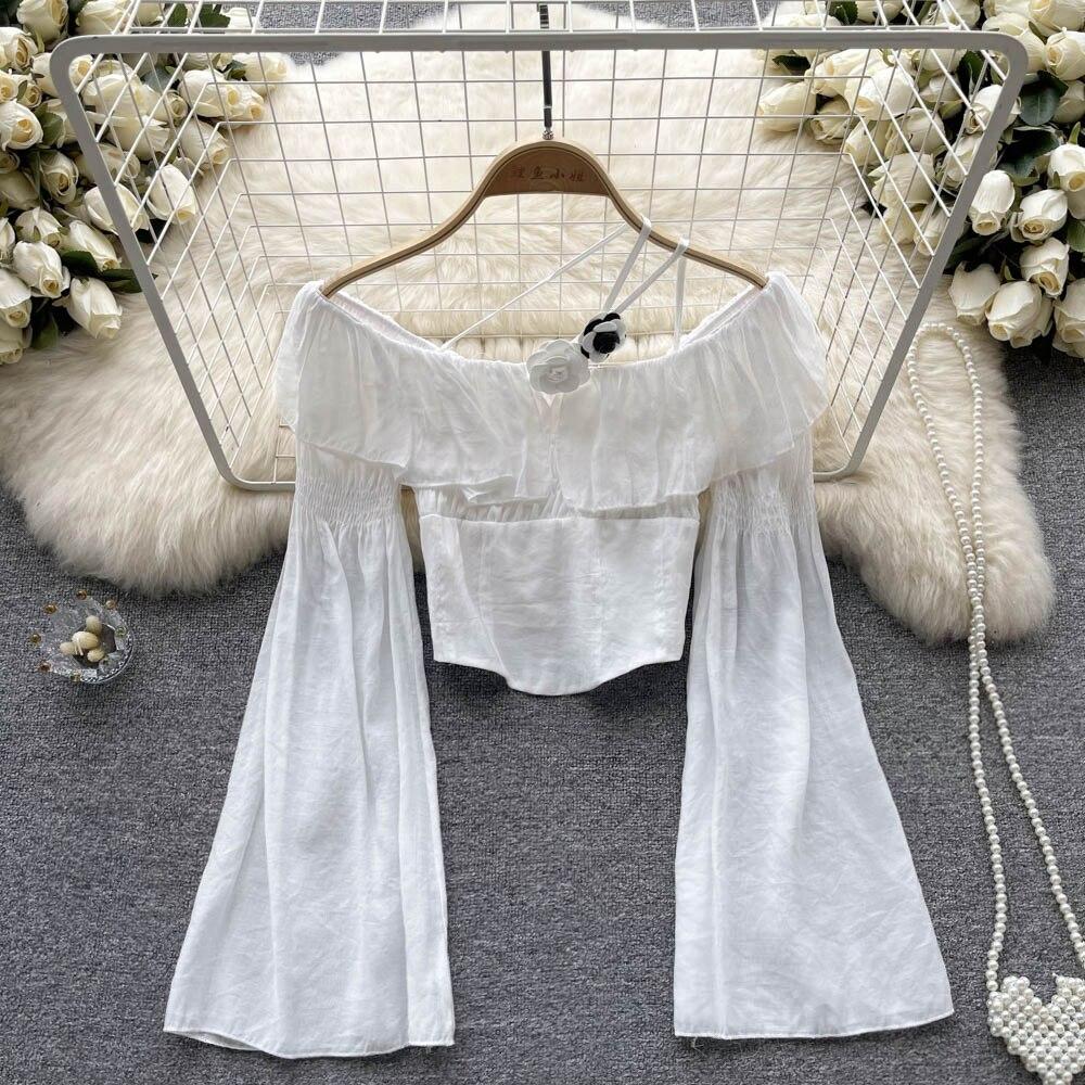 

Осенняя новая французская трехмерная цветочная рубашка с бретельками, женская белая блузка с короткими расклешенными рукавами