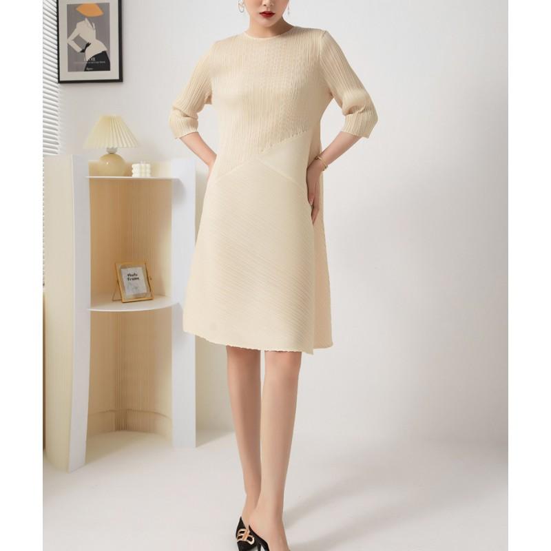 Womens Loose Fit Solid Color Round Neck 7/8 Sleeve Pleated Midi Dress Office Casual Wear