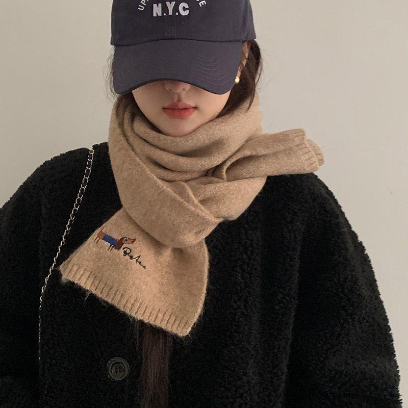 Korean Version with Wool Scarf for Women Winter New Versatile Solid Color Ins Scarf Beige Student Advanced Puppy Embroidery