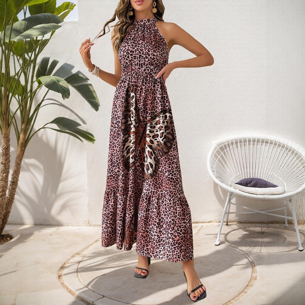 VEZFAA Women's Fashion Summer Spring Leopard Print Sleeveless Hanging Neck High Waist Casual Dresses